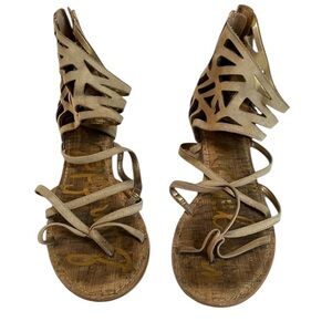 Sam Edelman size 10.5 tan ankle wrap sandal with back zipper lightly worn